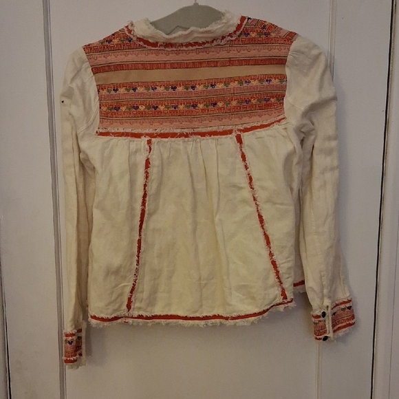 Free People Cream Cotton Jacket w Colorful Embroidery, Buttons, Pockets XS - Picture 3 of 5